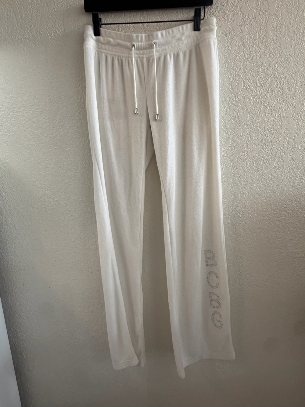 Vintage BCBG White Wide Leg Drawstring Pants with Rhinestone Logo